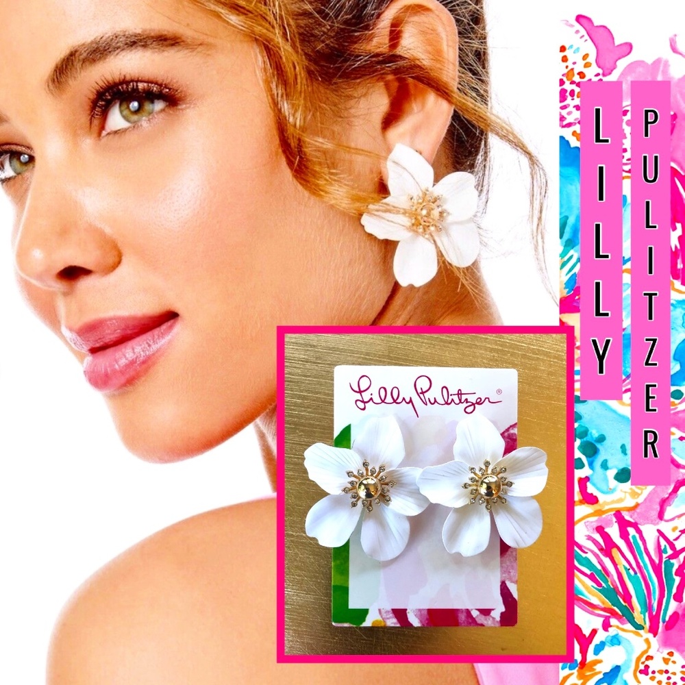 LILLY PULITZER  EARRINGS ORCHID FLOWER🩷 Resort White/gold/Crystal⭐️Hot Style!